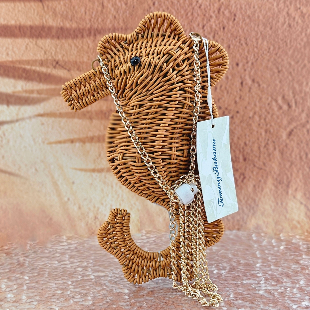 VIRAL Tommy Bahama Seahorse Clutch Bag Natural Woven Gold Chain Strap Vacation
